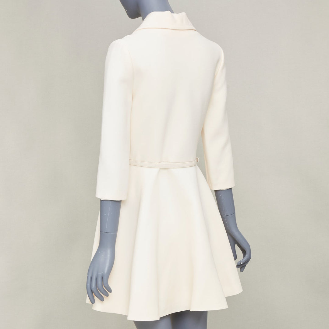 CHRISTIAN DIOR 2019 ivory wool silk zip front belted flared mini dress FR36 S