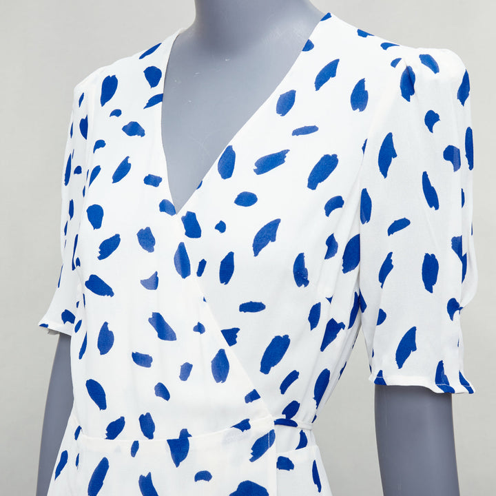 REFORMATION Lucky blue white Dalmatian print puff sleeve wrap dress M