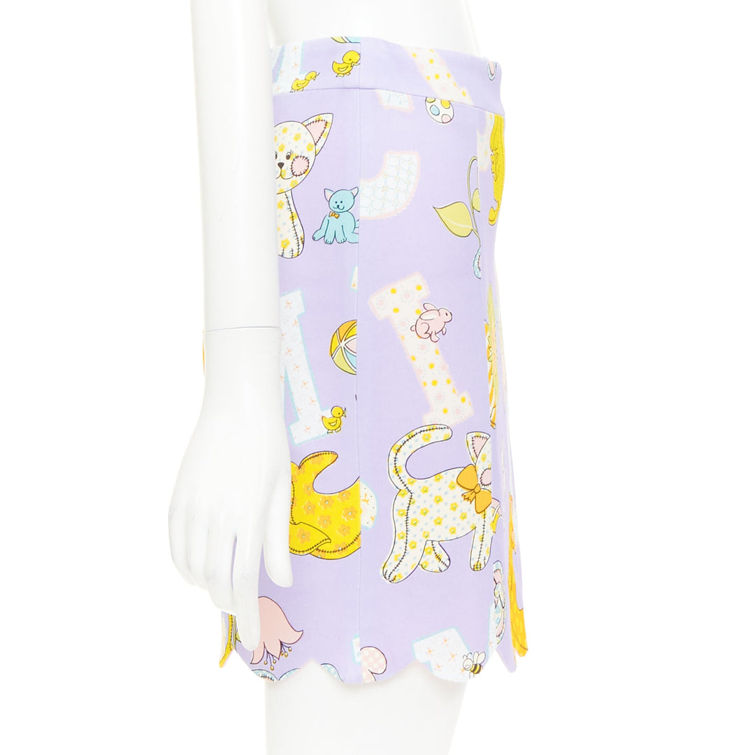 MOSCHINO COUTURE! 2022 Runway Calico Animals purple scallop mini skirt IT42 M