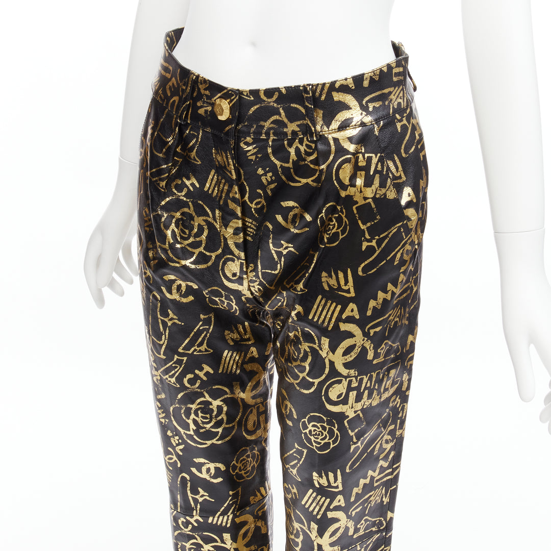 CHANEL 19A gold CC Camellia graffiti black lambskin leather pants FR34 XS