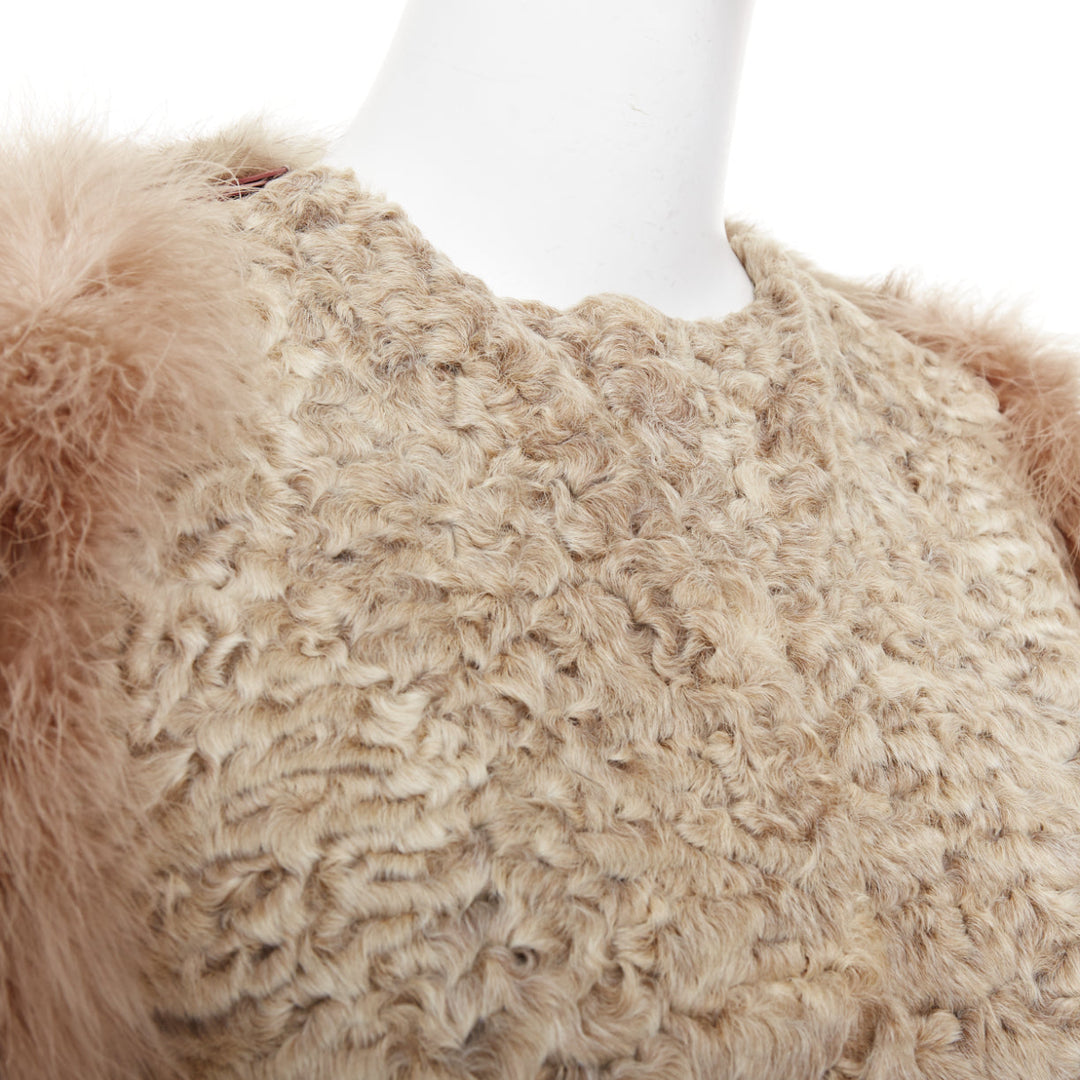 rare GIVENCHY beige Astrakan fur feather sleeves cropped bolero jacket