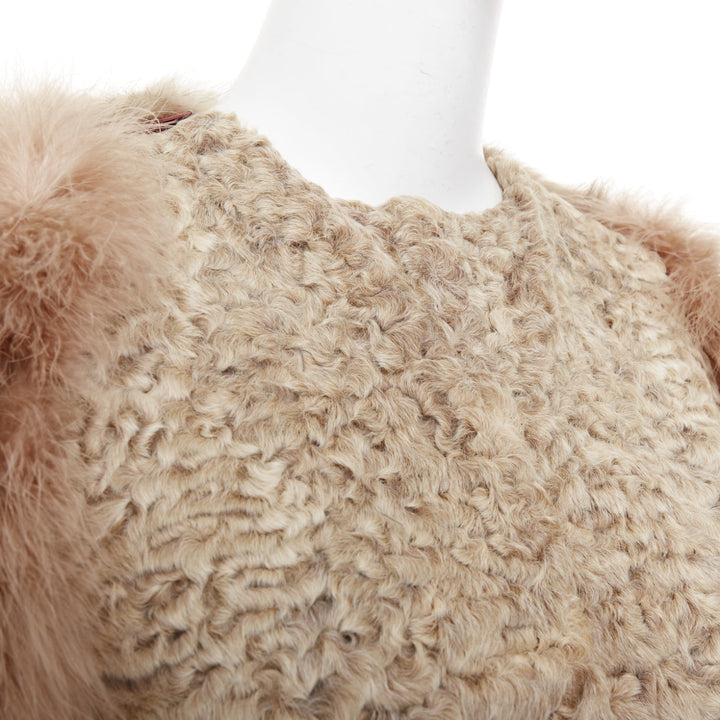 rare GIVENCHY beige Astrakan fur feather sleeves cropped bolero jacket