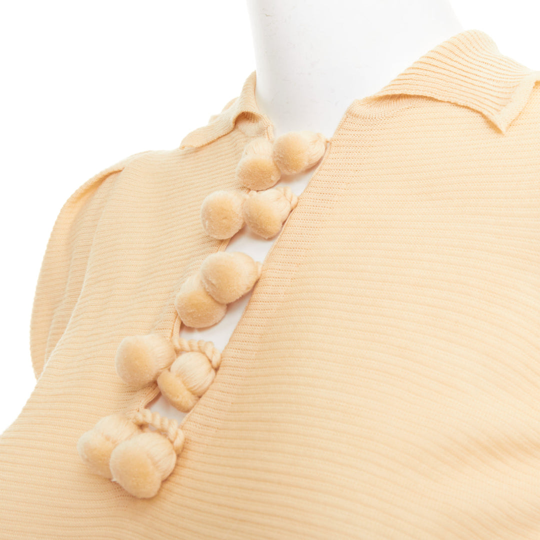 YVES SAINT LAURENT Rive Gauche beige wool pom pom button puff sleeve blouse XS