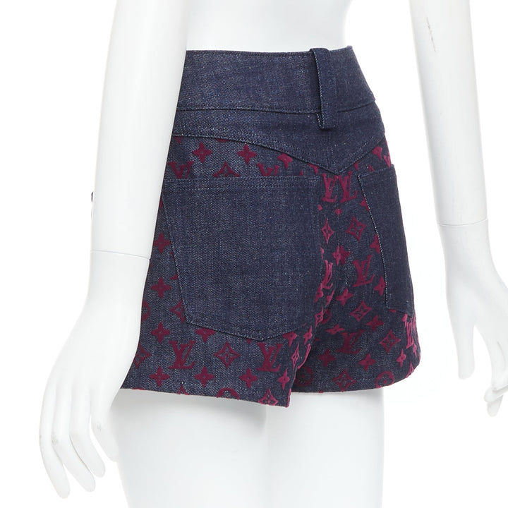 LOUIS VUITTON Flocked Monogram burgundy blue monogram denim shorts XS