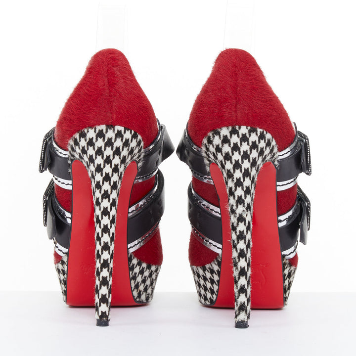 CHRISTIAN LOUBOUTIN Bikiki 140 red houndstooth calf hair platform heels EU38