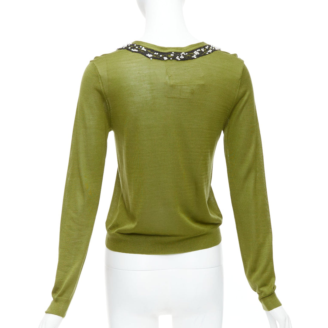 DRIES VAN NOTEN green silk linen bead applique cardigan sweater S