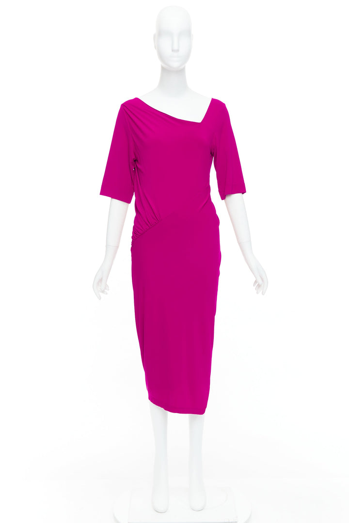 DONNA KARAN berry pink asymmetric neck tuck draped midi dress L