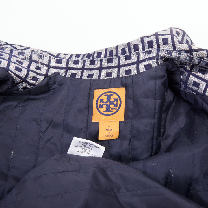 TORY BURCH navy silver metallic cotton blend brocade collared long coat US4 S