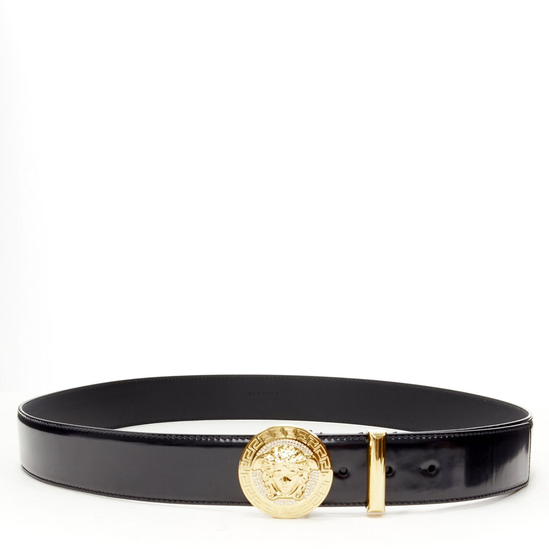 VERSACE Medusa Biggie crystal gold coin black leather belt 90cm 34-38"