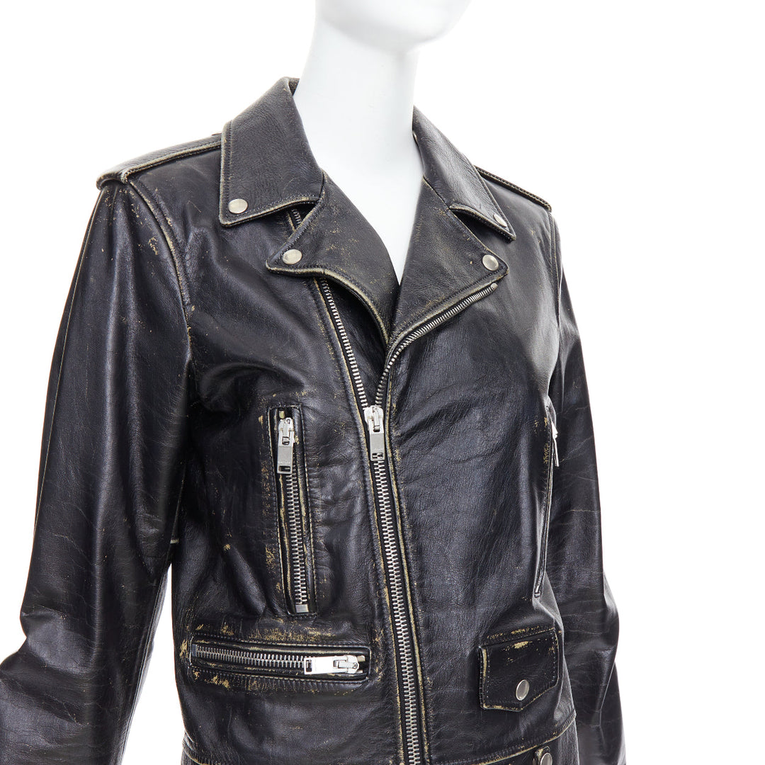 SAINT LAURENT 2015 black calfskin distressed classic biker jacket FR46 S