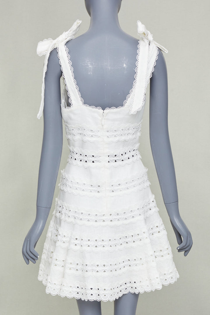 ZIMMERMANN 2020 Kirra Tie Shoulder white linen eyelet lace mini dress Sz1 S
