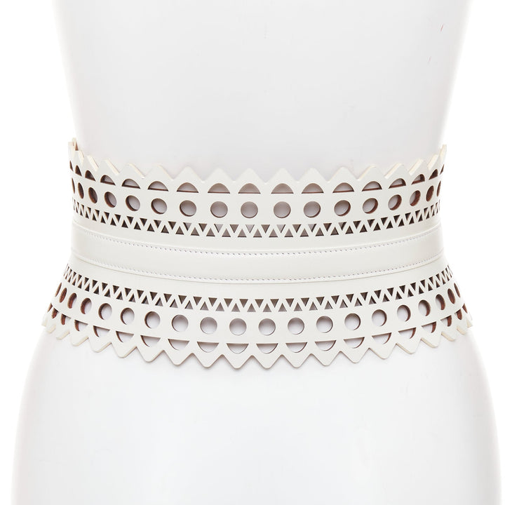 ALAIA white leather geometric cut out scallop edge wide corset belt 65cm