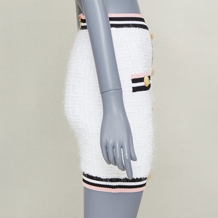 BALMAIN white knit tweed striped border lion head button mini skirt FR34 XXS