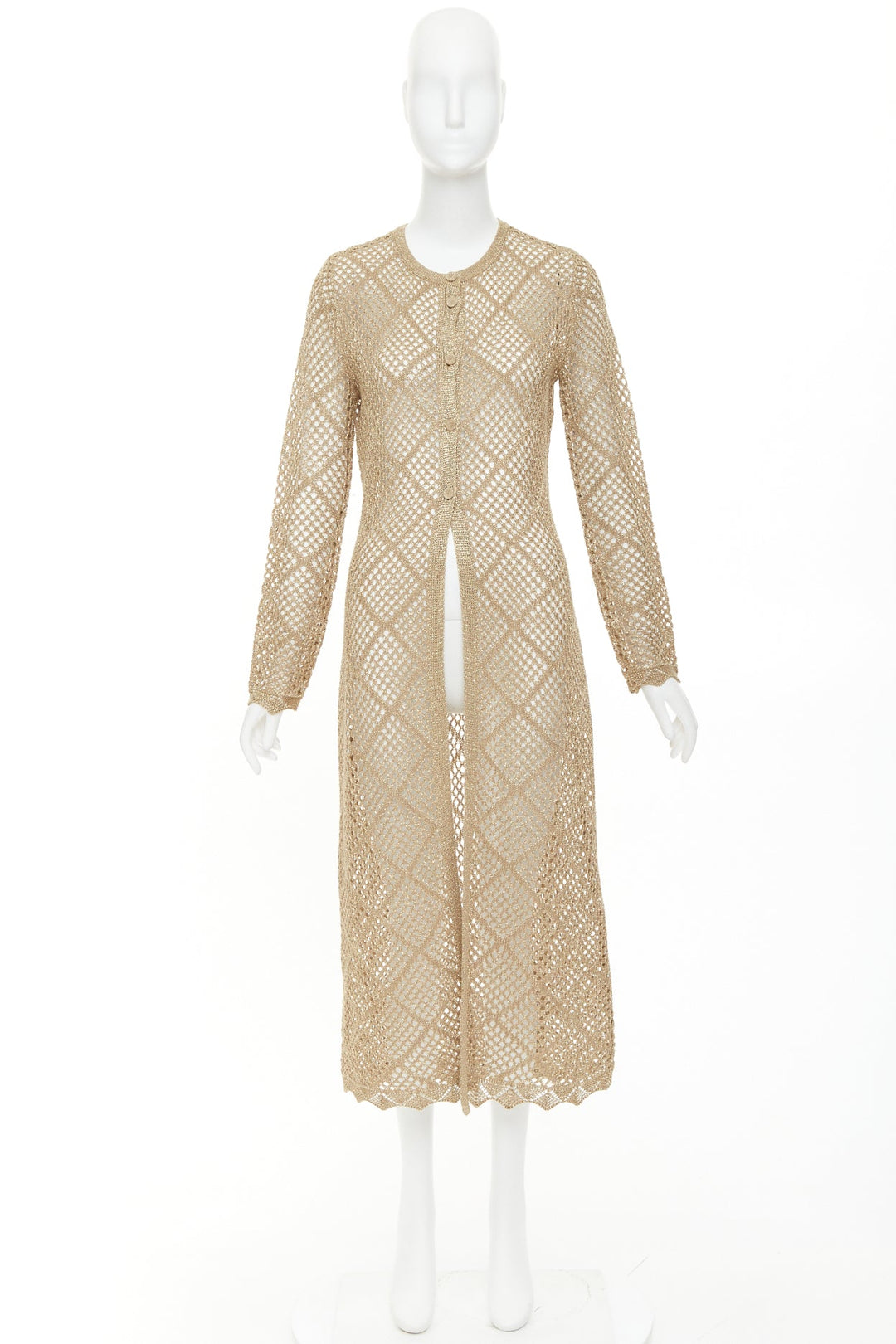 TWINSET 2024  metallic gold lurex mesh diamond open knit lace long cardigan M