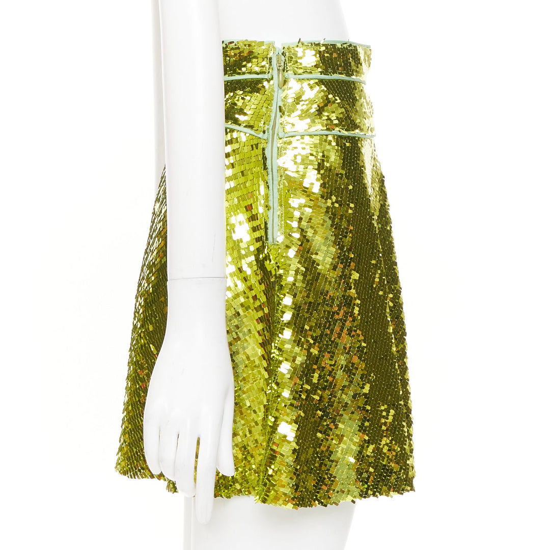DSQUARED2 acid lime green rectangular sequins piping trim skater skirt IT38 XS