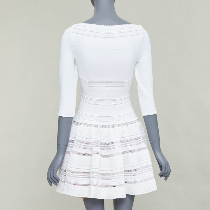ALAIA cream viscose blend cropped sleeve bateau neck fit flare dress FR36 S