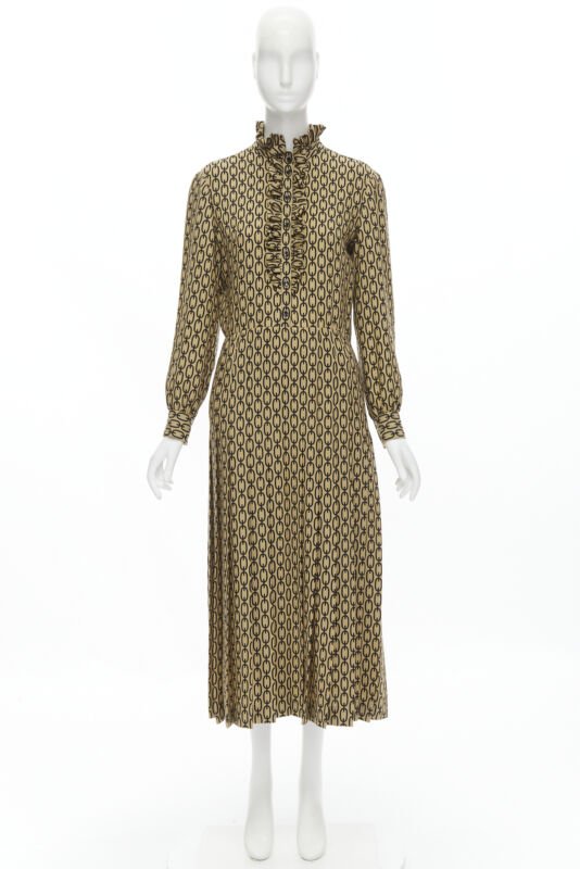 CELINE Hedi Slimane Triomphe chain wool frill collar pleated dress FR38 S