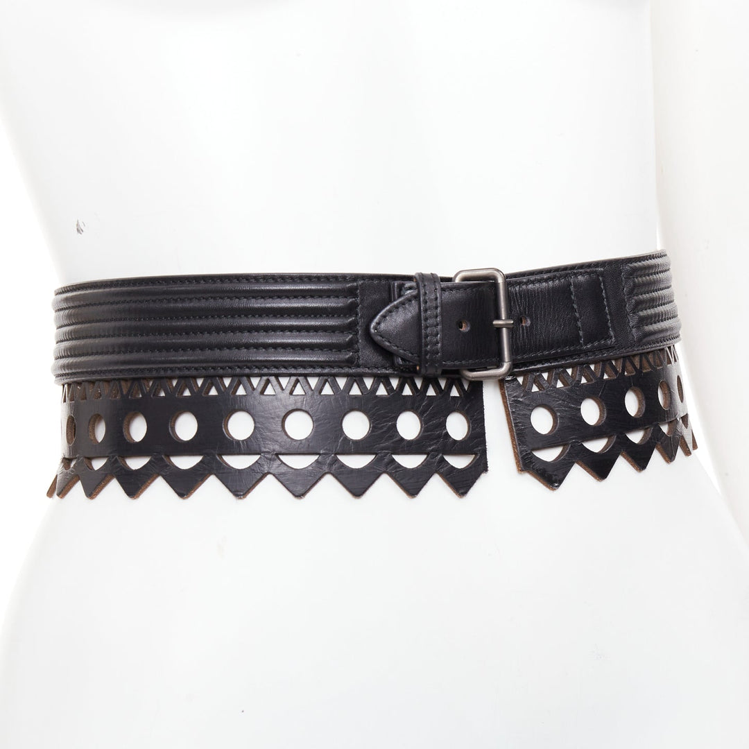 ALAIA Vienne black leather laser cut scalloped  wide waist belt 65cm