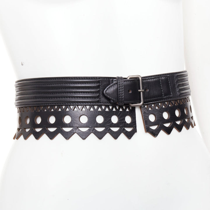 ALAIA Vienne black leather laser cut scalloped  wide waist belt 65cm