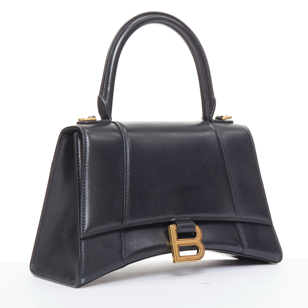 BALENCIAGA 2019 Demna Hourglass Small black smooth leather B flap bag