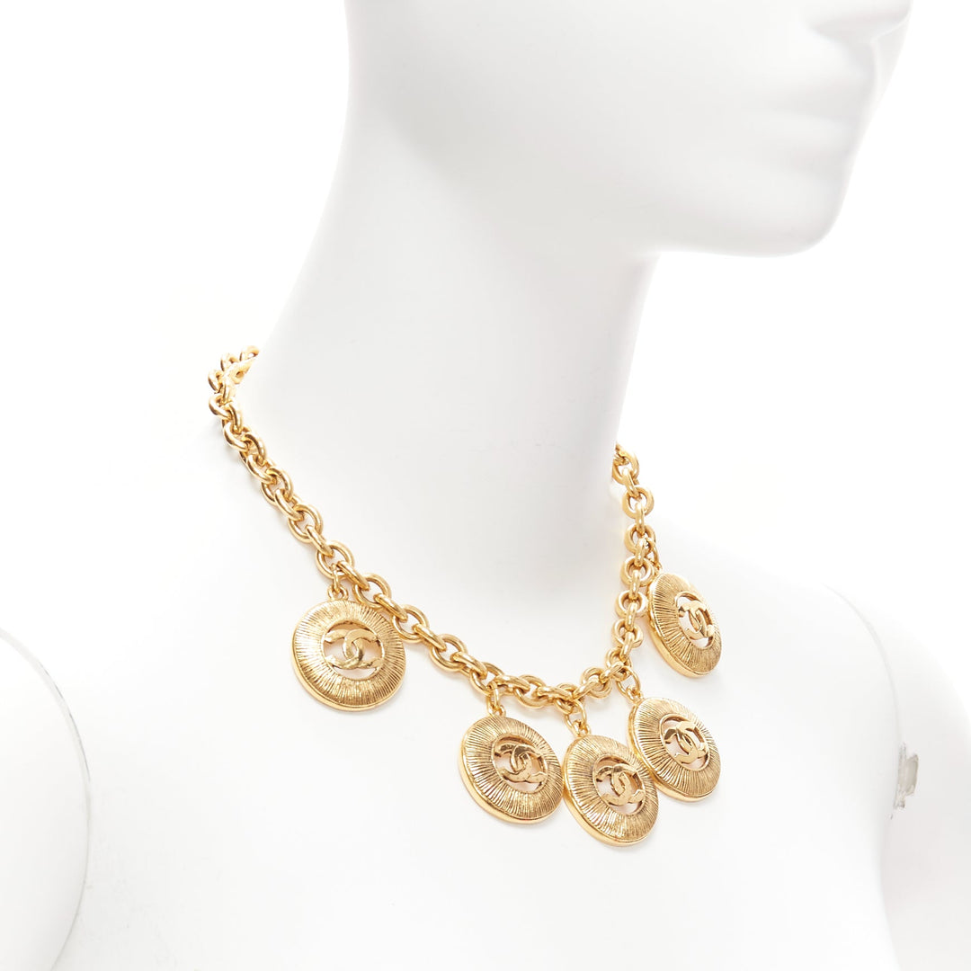 CHANEL Vintage gold CC medallion coin charm short chain necklace