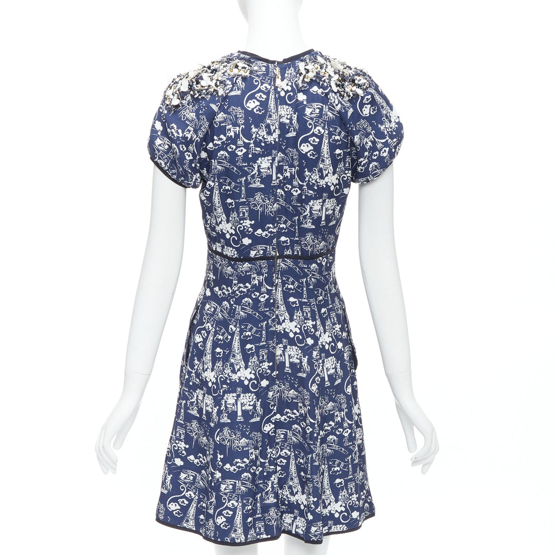 LOUIS VUITTON navy Paris City print embellished neckline dress FR36 S