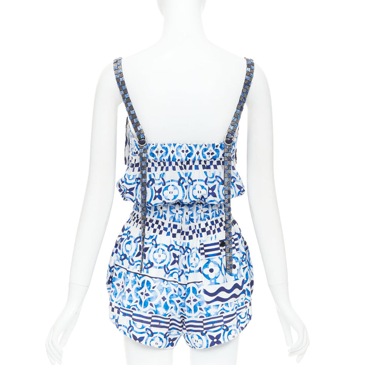 LOUIS VUITTON Monogram Tile silk white blue majolica beaded playsuit FR34 XS