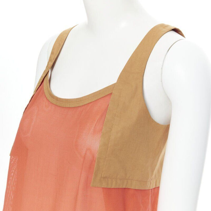 HERMES brown cotton harness orange gauze rounded hem summer top FR34 XS