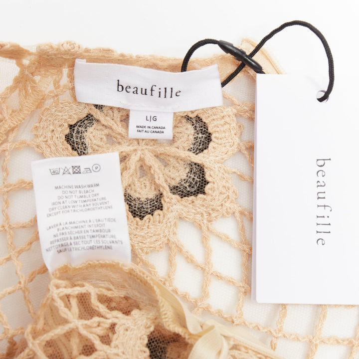 BEAUFILLE Zelle beige black braided jute black floral applique macrame dress L