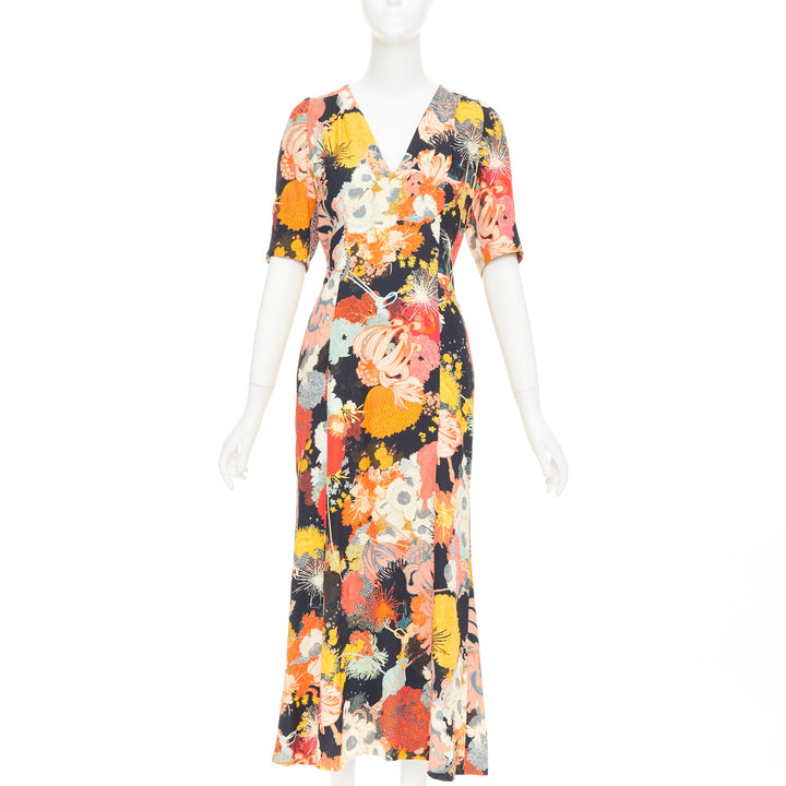 DRIES VAN NOTEN 2017 Runway orange yellow black floral Vneck midi dress FR36 S