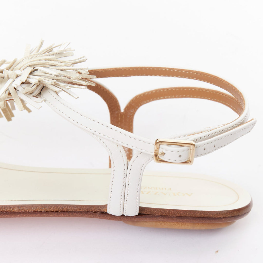 AQUAZZURA off white fringe trim T bar strap flat sandals EU37