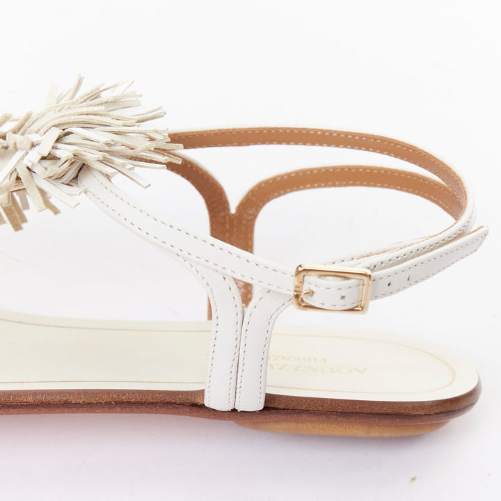 AQUAZZURA off white fringe trim T bar strap flat sandals EU37