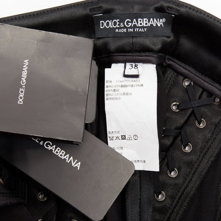 DOLCE GABBANA black satin eyelet corset lace detail cropped skinny pants IT38 XS