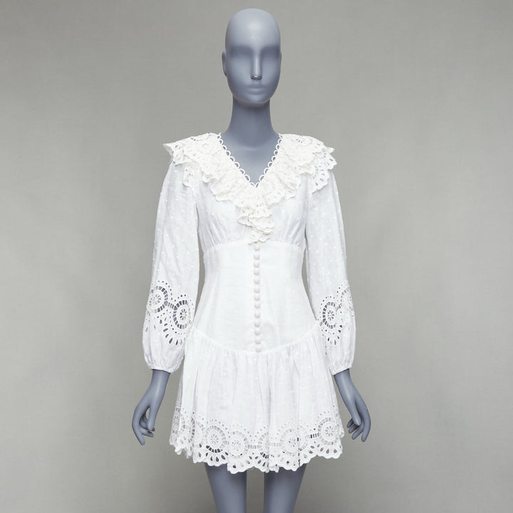 ZIMMERMANN Bellitude white linen lace victorian buttons scalloped dress Sz.1 S