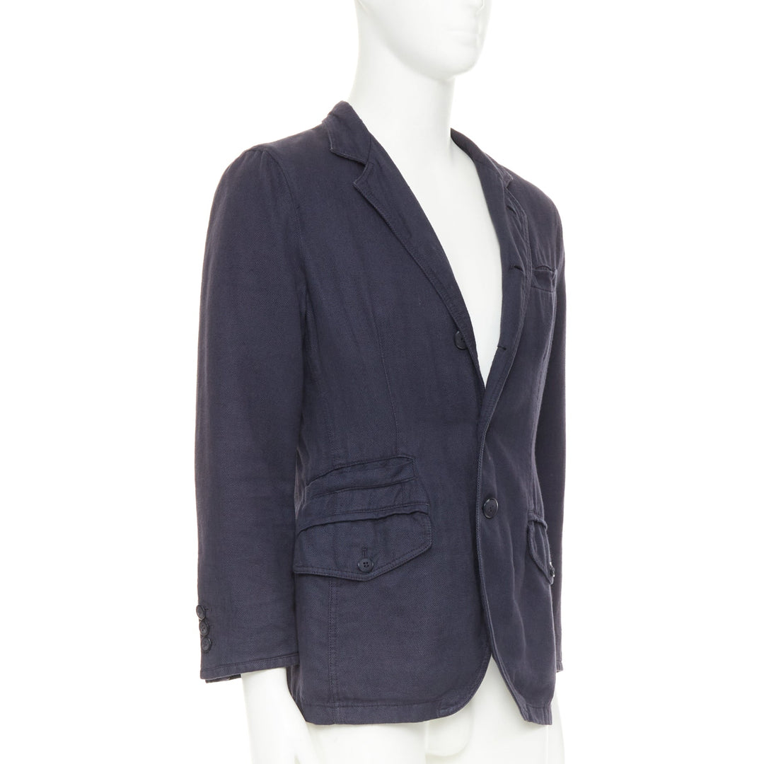 GIORGIO ARMANI navy linen cotton pique flap pockets relaxed blazer IT46 S