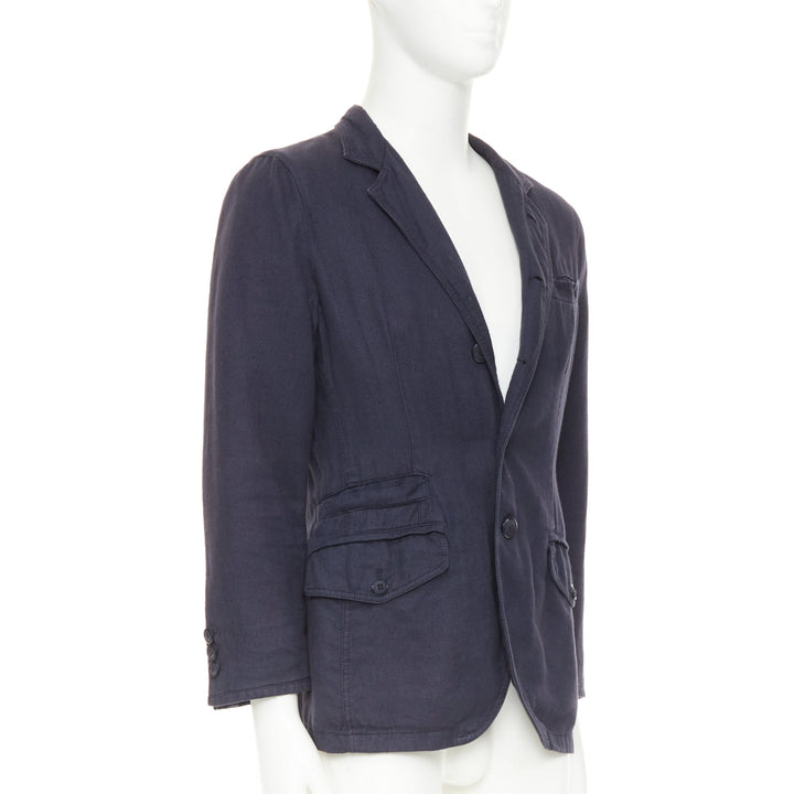 GIORGIO ARMANI navy linen cotton pique flap pockets relaxed blazer IT46 S