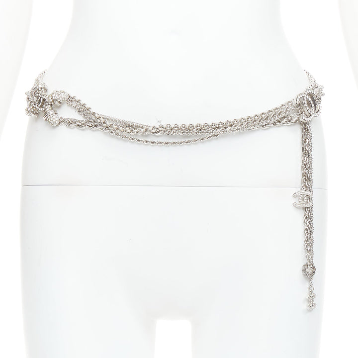rare CHANEL 08A silver tone crystal CC logo layered multi chain charm belt