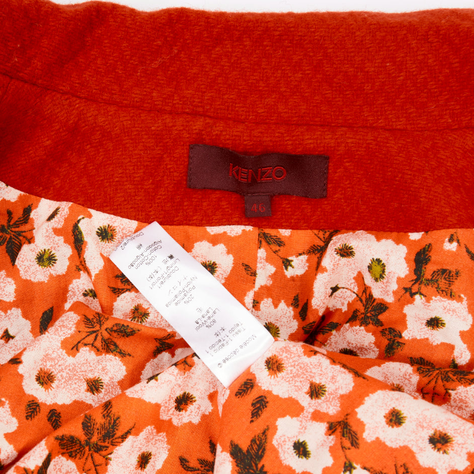 KENZO Vintage red wool floral intarsia back double breasted coat FR46 3XL