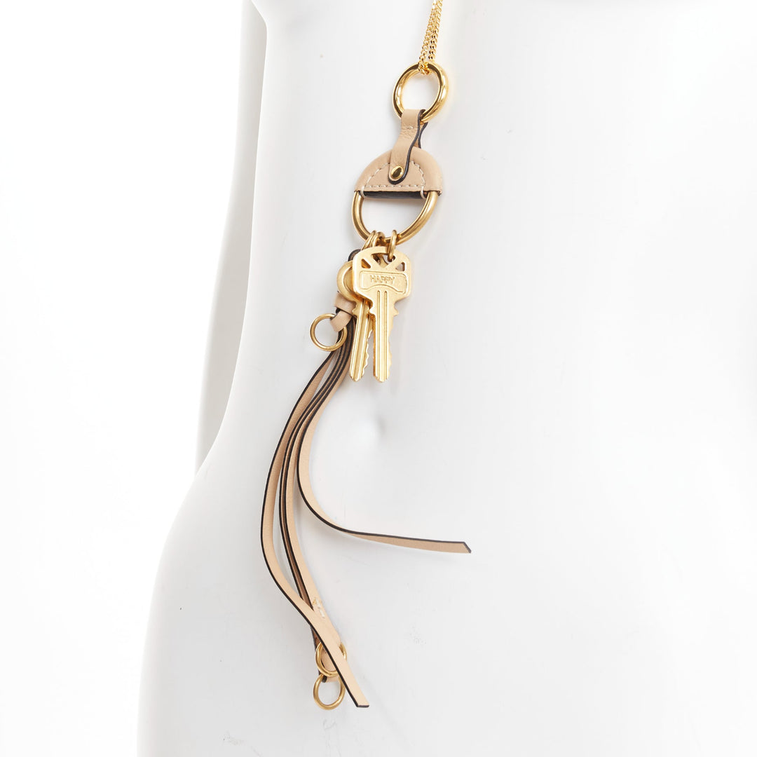 CHLOE Nicole brown leather gold Happy key chain bag charm long necklace