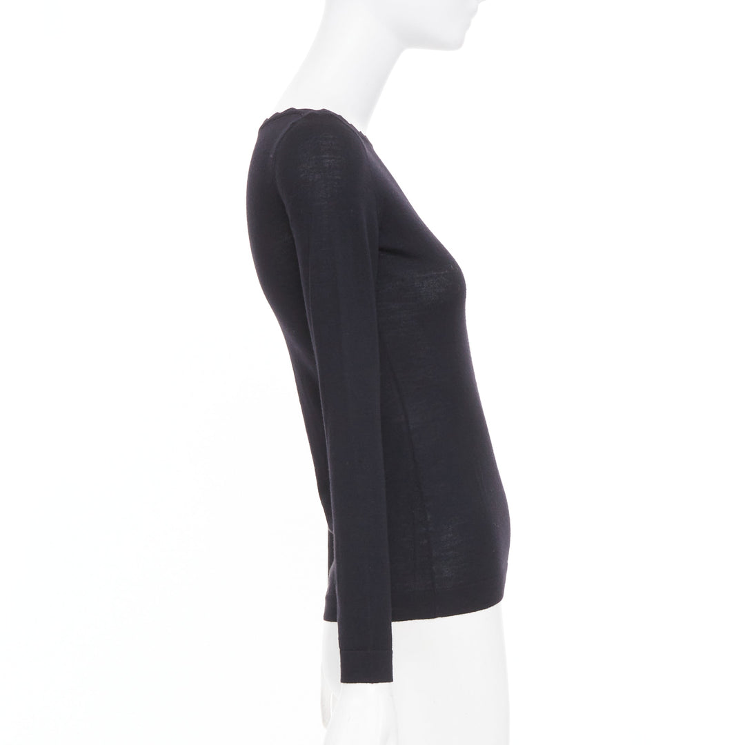 ALAIA virgin wool knit semi sheer black scalloped boat neck l/s top FR36 S