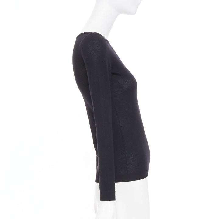 ALAIA virgin wool knit semi sheer black scalloped boat neck l/s top FR36 S