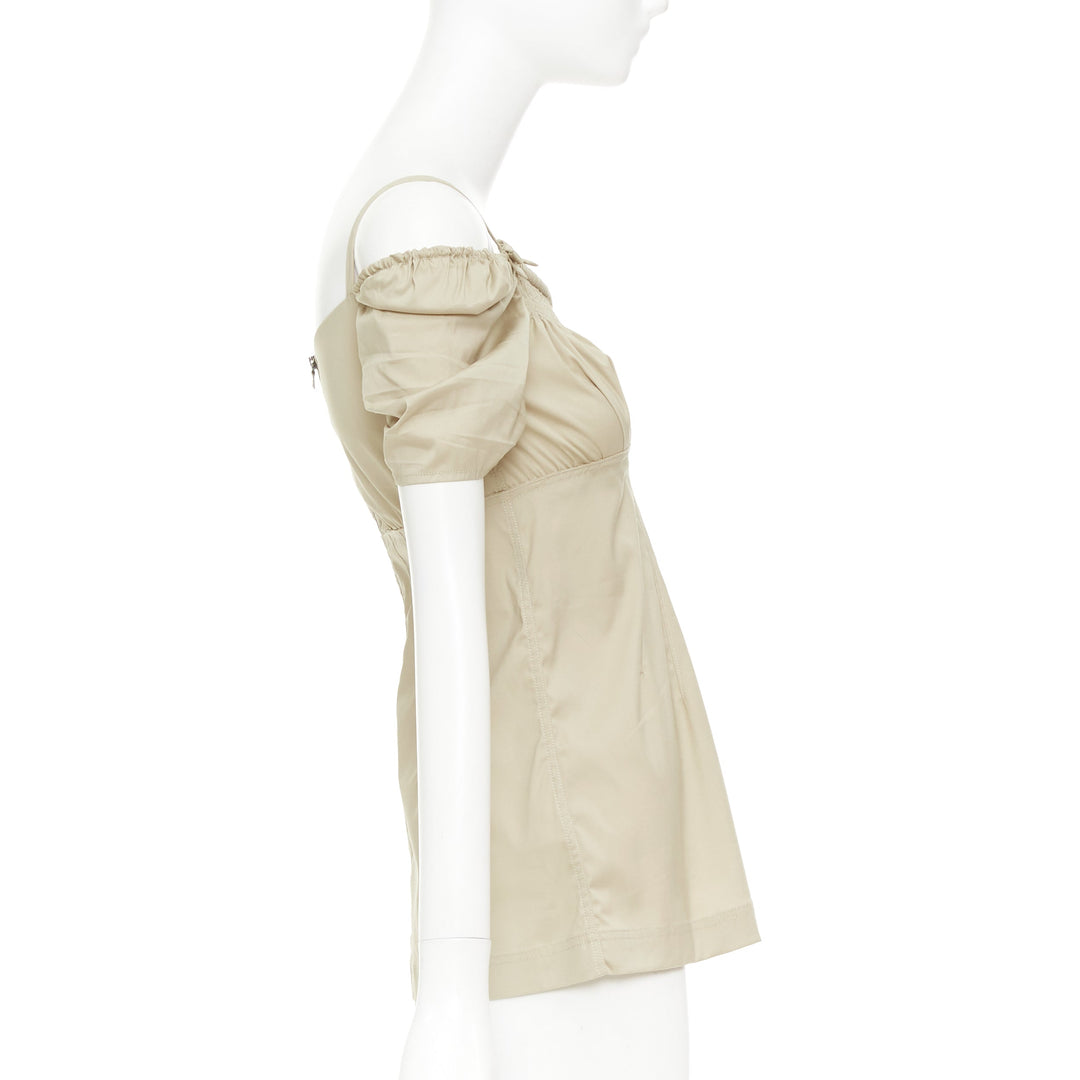 PRADA Vintage khaki cotton ruched bust empire waist bow off shoulder top IT38