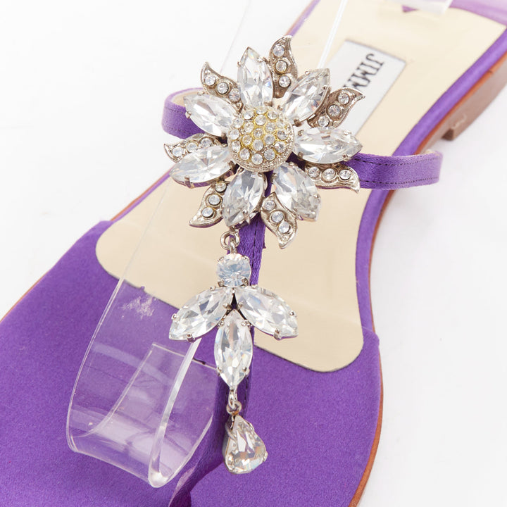 JIMMY CHOO Cache purple satin clear flower crystal evening slipper mules EU38