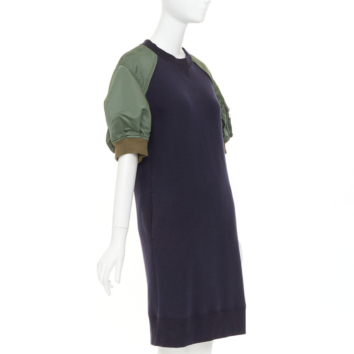 SACAI 2022 navy green sponge sweat MA-1 bomber sleeve sweater dress JP3 L