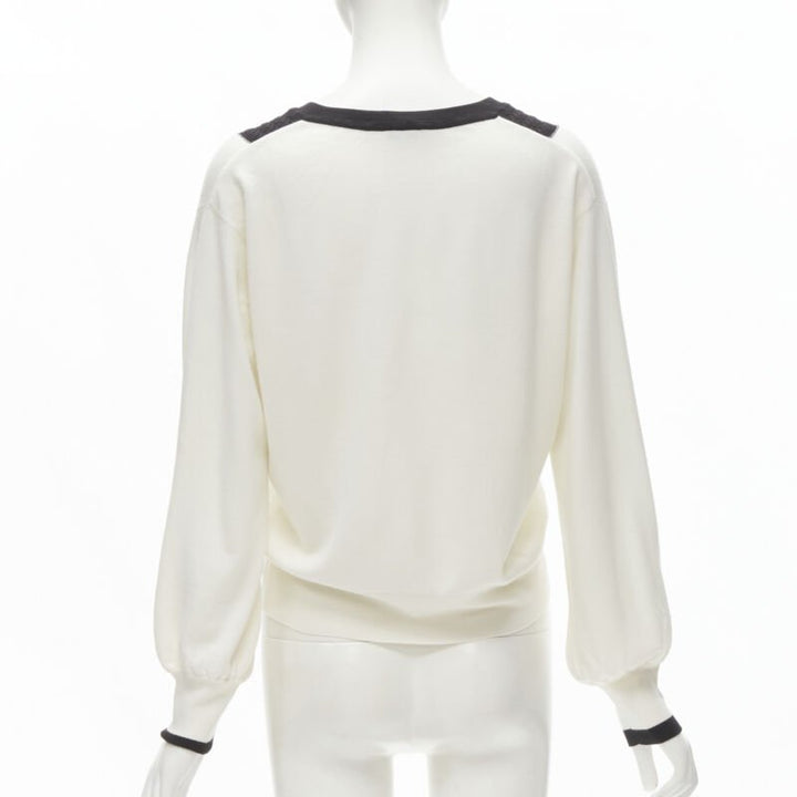 CHANEL 100% wool ivory white black intarsia chain schoolgirl sweater FR38 M