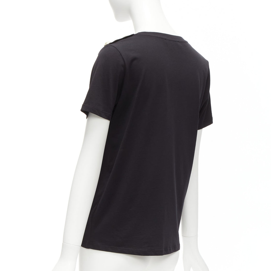 BALMAIN black white B logo gold military buttons tshirt FR34 XXS