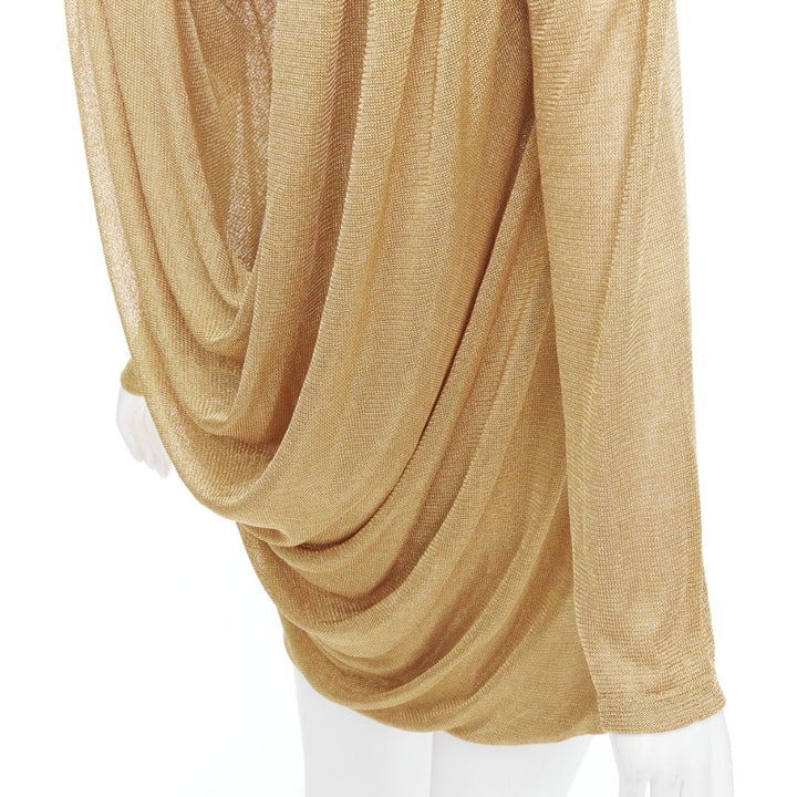 KHAITE Taiden gold metallic stretch knit drape open back mini dress L