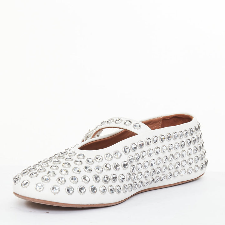ALAIA 2023 Strass white lambskin crystal embellished mary jane ballet flats EU38