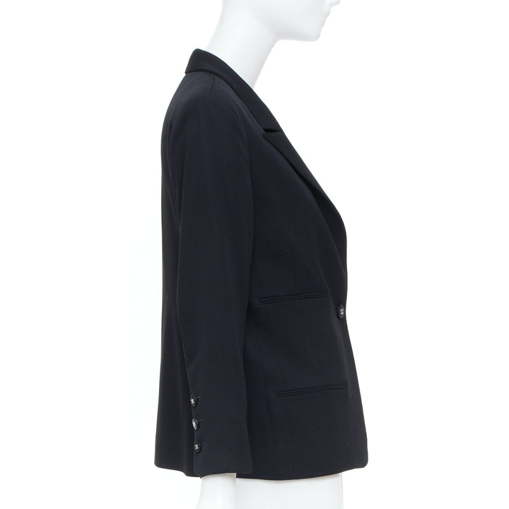 CHANEL 1996 Vintage black wool single cc logo button pocket blazer FR36 XS