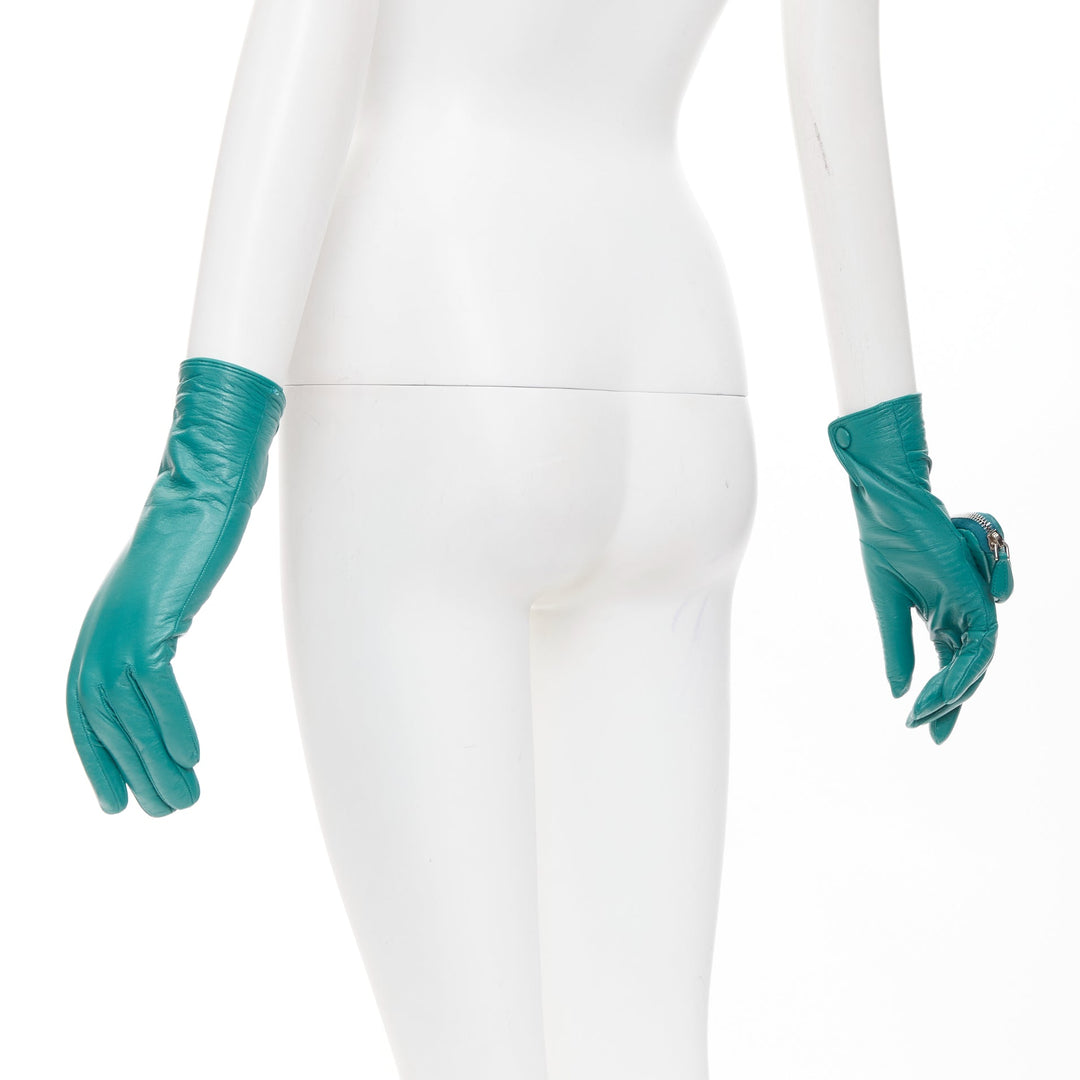 PRADA Raf Simons 2021 Runway teal lambskin leather triangle pouch gloves Sz7